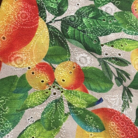 FARM RIO Orange Sands Citrus Print Midi Dress Orange Fruit Novelty Eyelet Linen - Picture 9 of 12